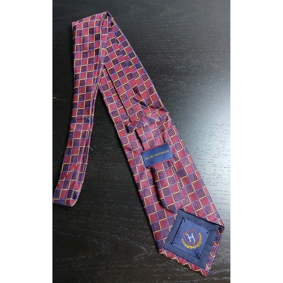 HENRY JACOBSON 100% Silk Tie Necktie Designer Gold/Blue/Red Businessman #397C - Picture 2 of 8